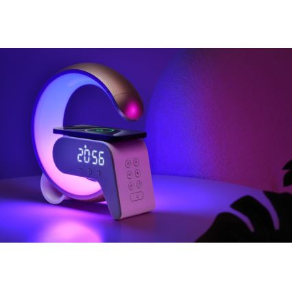 LED RGB Zatemnitvena namizna svetilka z budilka in Qi polnjenje 30W/230V srebrna