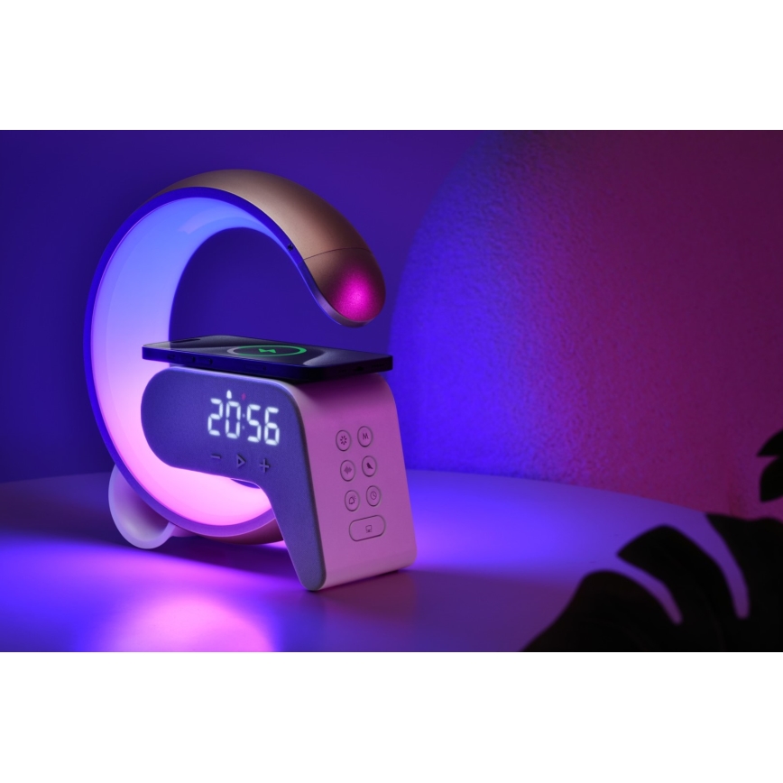 LED RGB Zatemnitvena namizna svetilka z budilka in Qi polnjenje 30W/230V srebrna
