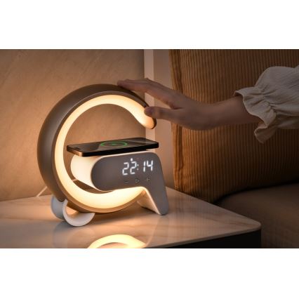 LED RGB Zatemnitvena namizna svetilka z budilka in Qi polnjenje 30W/230V srebrna