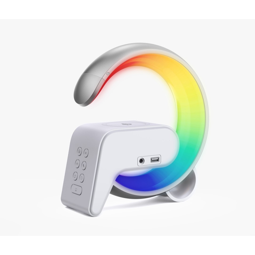 LED RGB Zatemnitvena namizna svetilka z budilka in Qi polnjenje 30W/230V srebrna