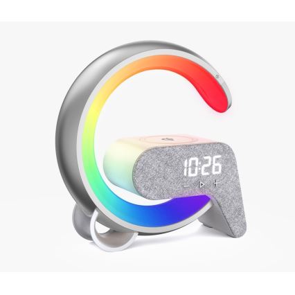 LED RGB Zatemnitvena namizna svetilka z budilka in Qi polnjenje 30W/230V srebrna