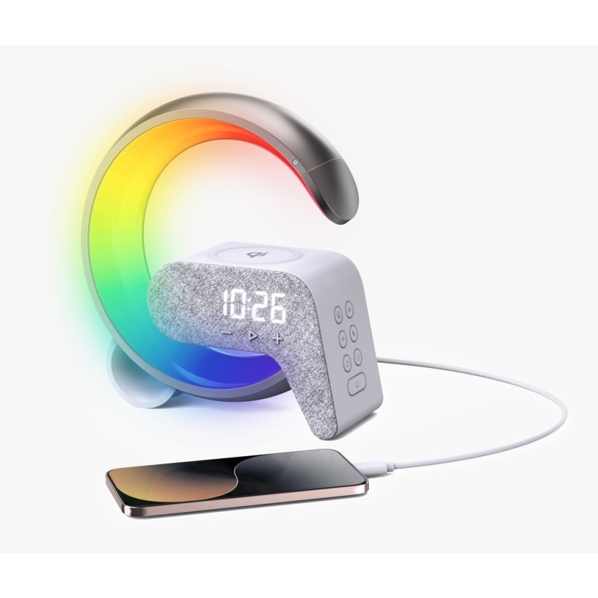 LED RGB Zatemnitvena namizna svetilka z budilka in Qi polnjenje 30W/230V srebrna