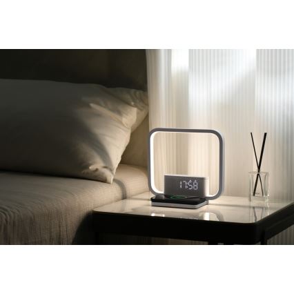 LED Zatemnitvena namizna svetilka z budilka in Qi polnjenje LED/18W/230V bela
