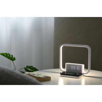 LED Zatemnitvena namizna svetilka z budilka in Qi polnjenje LED/18W/230V bela