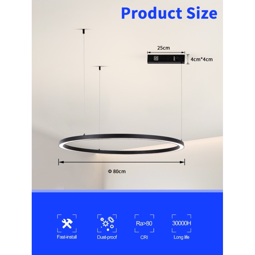 Immax NEO 07215L - LED Zatemnitveni lestenec na vrvici FINO LED/60W/230V 80 cm črna Tuya + Daljinski upravljalnik