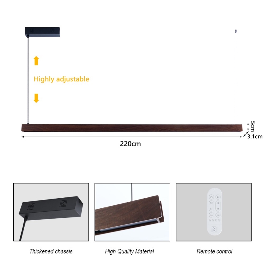 Immax NEO 07302L - LED z možnostjo zatemnitve viseči lestenec na kablu MADEIRA LED/44W/230V Wi-Fi Tuya 202 cm oreh + daljinski upravljalnik