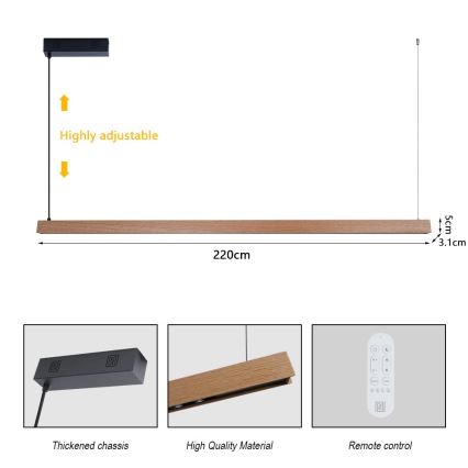 Immax NEO 07305L - LED zatemnjevalna viseča svetilka na kablu MADEIRA LED/44W/230V Wi‑Fi Tuya 202 cm hrast + daljinski upravljalnik
