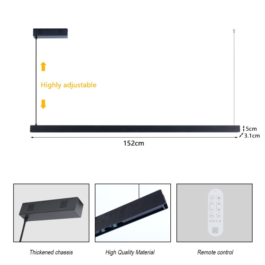 Immax NEO 07307L - LED zatemljiv viseči lestenec na kablu MADEIRA LED/33W/230V Wi-Fi Tuya 152 cm črna + daljinski upravljalnik