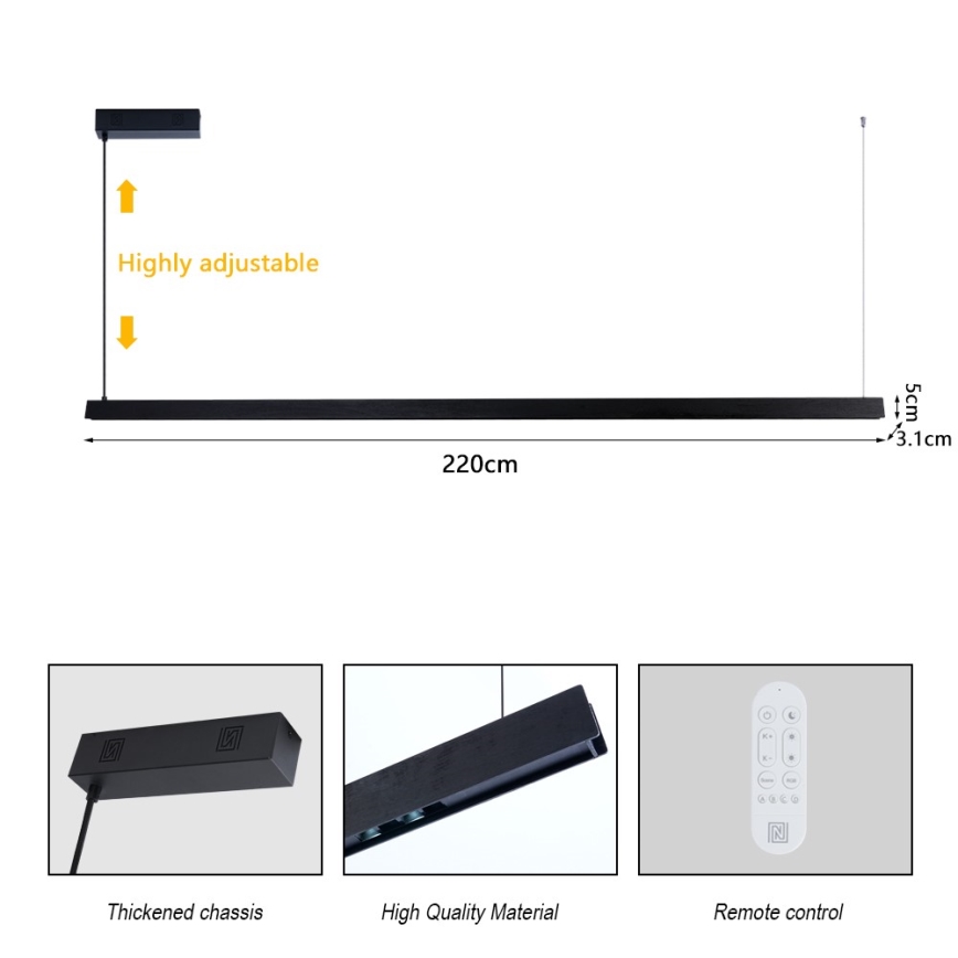 Immax NEO 07308L - LED zatemnjevalna viseča svetilka na kablu MADEIRA LED/44W/230V Wi-Fi Tuya 202 cm črna + daljinski upravljalnik