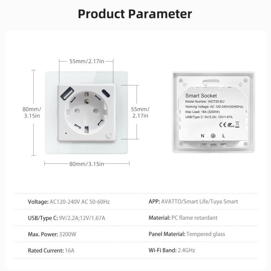 Immax NEO 07544L - Pametna vtičnica E 16A/230V + 1xUSB-A+1xUSB C PD 20W Tuya Wi-Fi