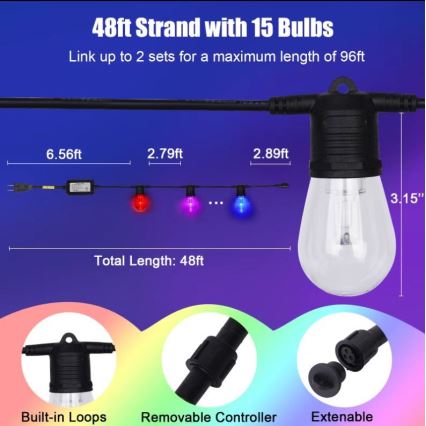 LED RGB+CCT Zatemnitven zunanji veriga GARLAND 15xLED/1W/230V 15m Wi-Fi Tuya IP65 + Daljinski upravljalnik