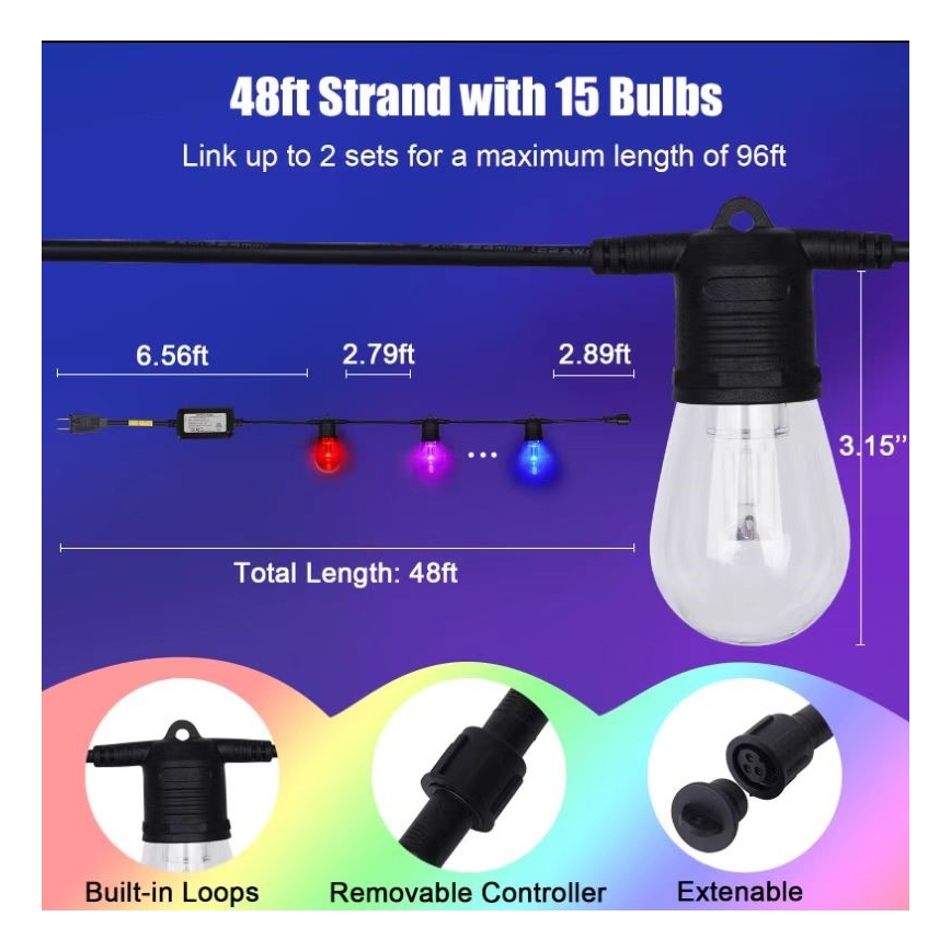 LED RGB+CCT Zatemnitven zunanji veriga GARLAND 15xLED/1W/230V 15m Wi-Fi Tuya IP65 + Daljinski upravljalnik