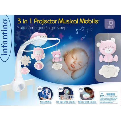 Infantino - Mobile za posteljico z melodijo 3v1 3xAAA roza