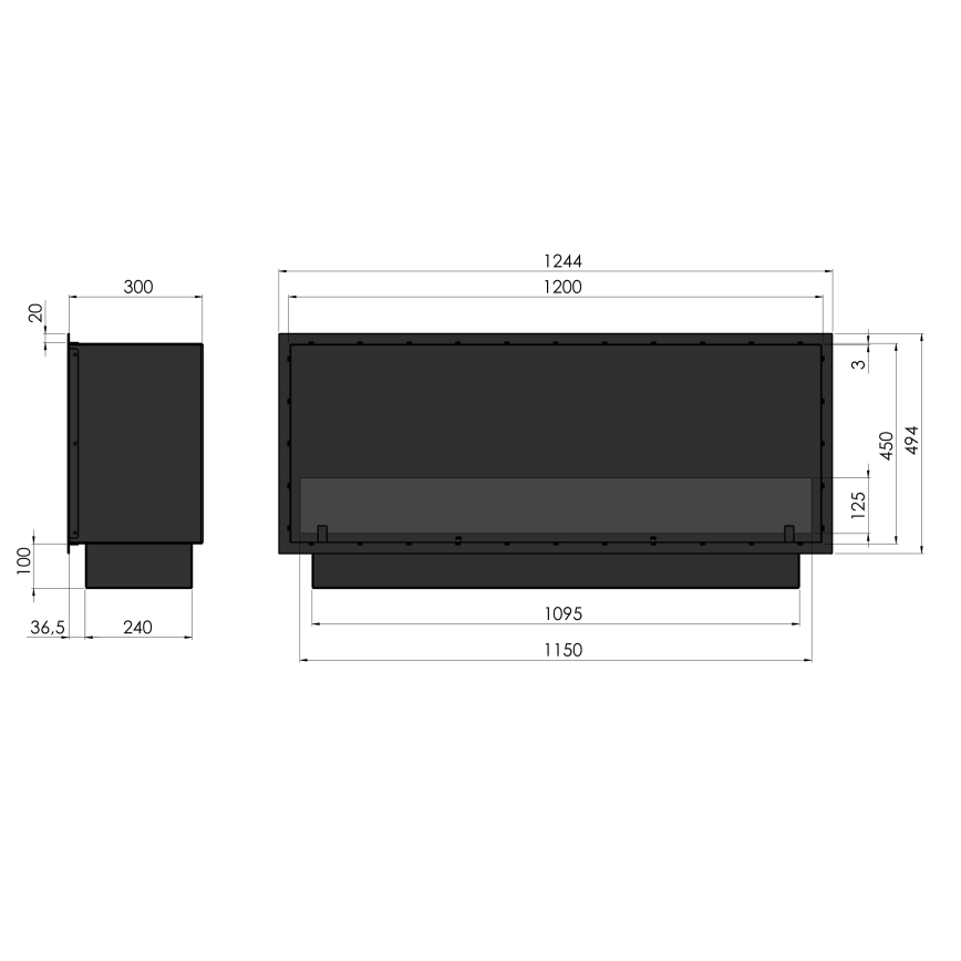 InFire - Vgradni BIO kamin 49,4x124,4 cm 6kW črna
