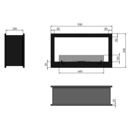 InFire - Vgradni BIO kamin 90x50 cm 3kW bifacial