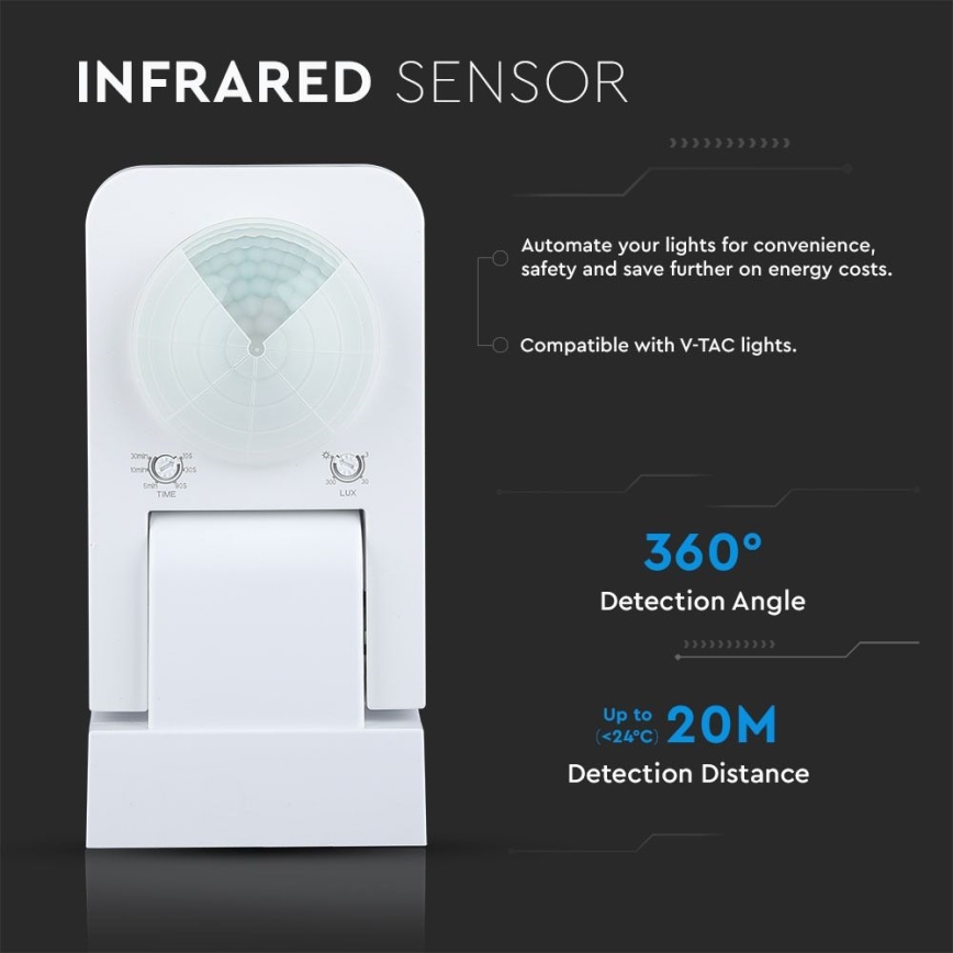 Infrardeči zunanji senzor gibanja 360° 1000W/230V IP65 bela