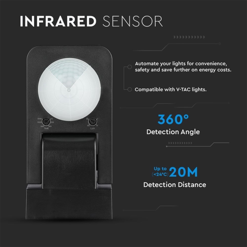 Infrardeči zunanji senzor gibanja 360° 1000W/230V IP65 črna