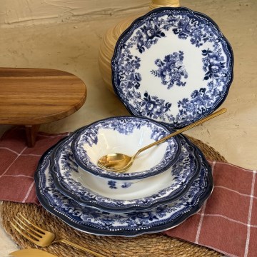 Jedilni komplet 24 kosov, bel/moder, iz porcelana