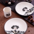 Jedilni komplet, 4 kosi, črno-beli porcelan