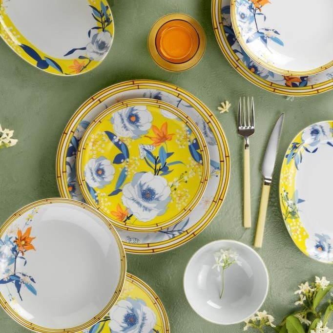 Jedilni komplet 50 kosov rumena/modra/porcelan