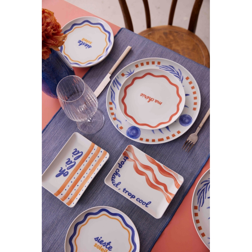 Jedilni set, 12 kosov, rdeča/modra/bela, porcelan