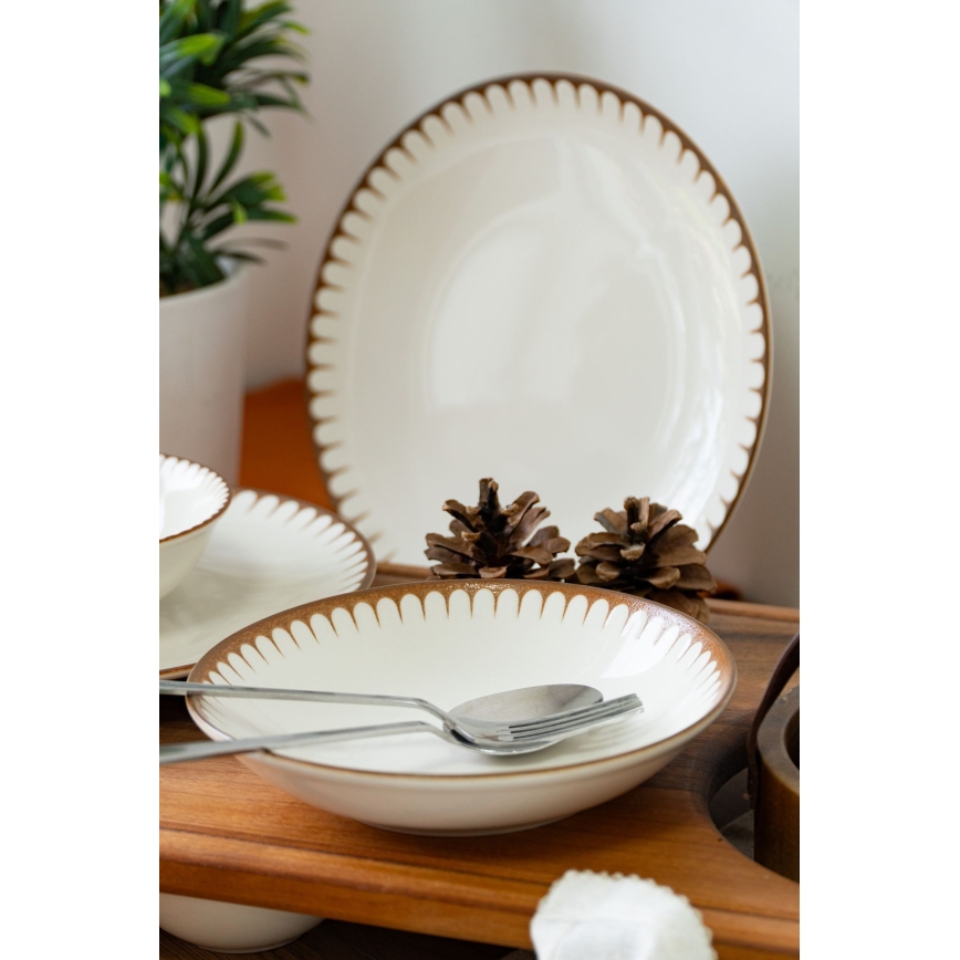 Jedilni set 18 kosov bela/rjava/porcelan