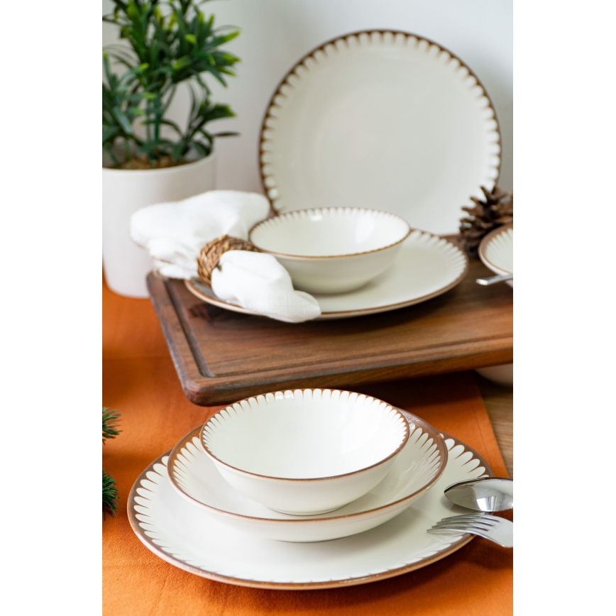 Jedilni set 18 kosov bela/rjava/porcelan