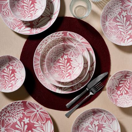 Jedilni set, 18 kosov, rdeča/bela, porcelan