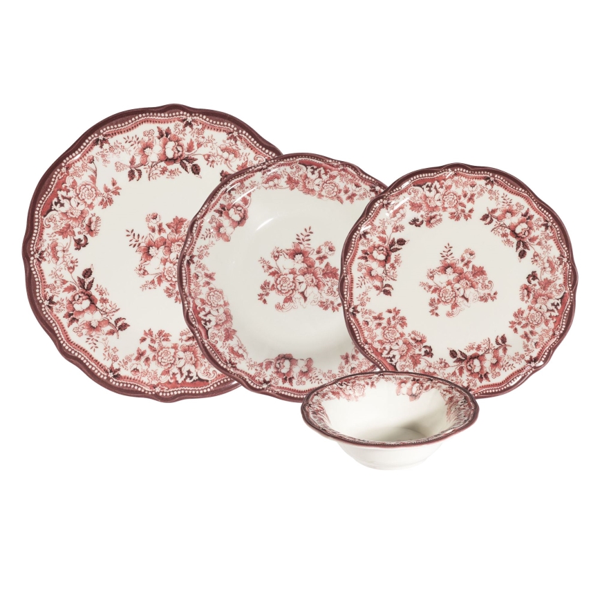 Jedilni set, 24 kosov, bel/rožnat, porcelan