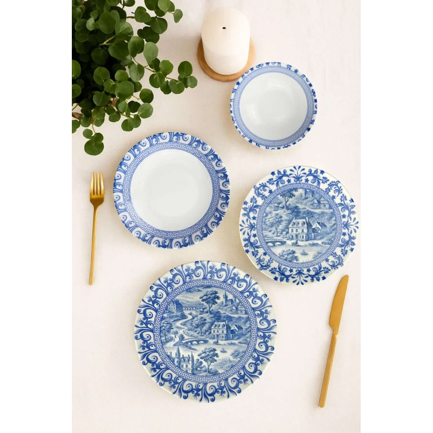 Jedilni set 24 kosov bela/modra/porcelan