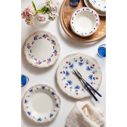 Jedilni set 24 kosov bela/modra/rdeča/porcelan
