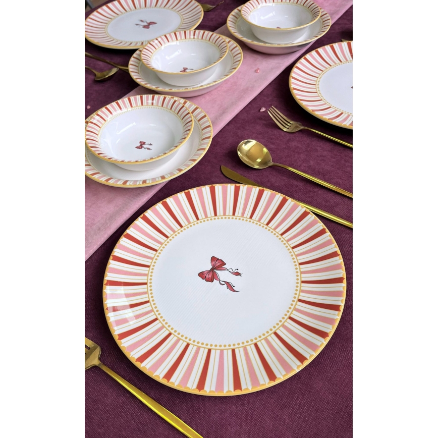 Jedilni set, 24 kosov, bela/rožnata/zlata, iz keramike