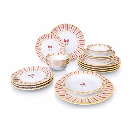 Jedilni set, 24 kosov, bela/rožnata/zlata, iz keramike