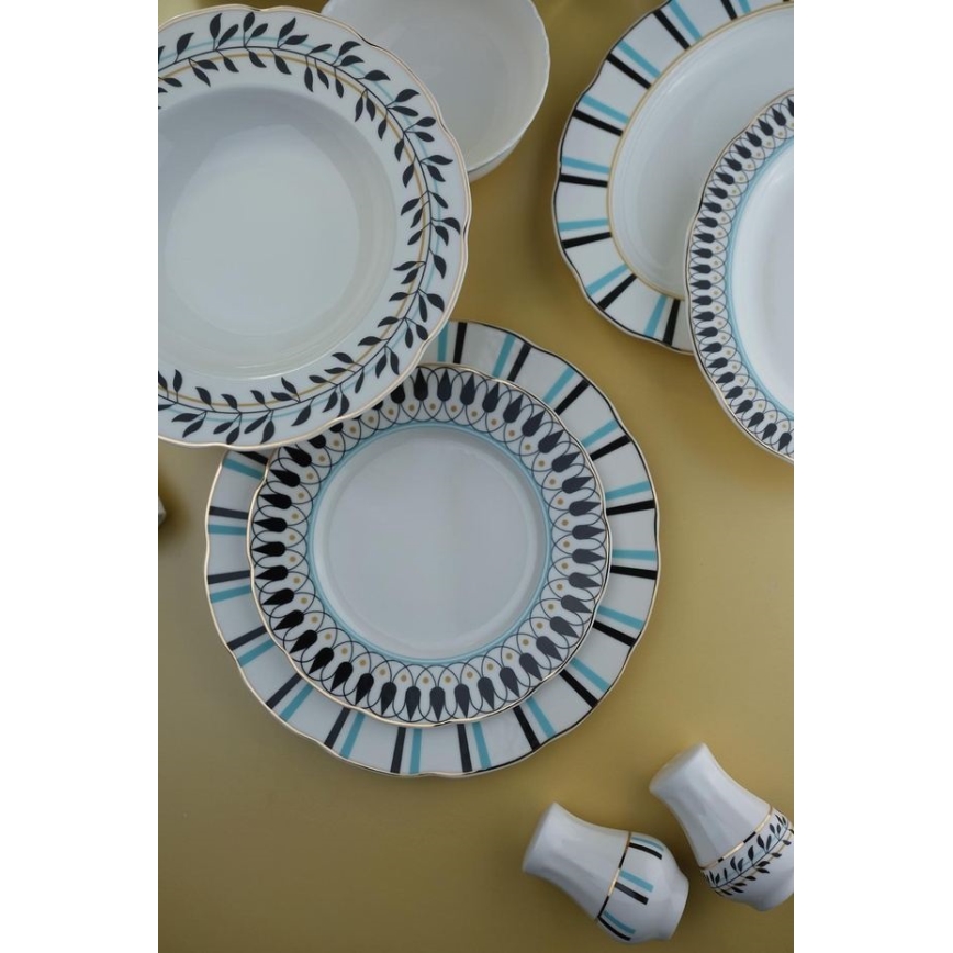 Jedilni set 62 kosov bela/modra/črna/porcelan