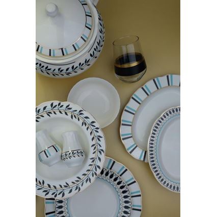 Jedilni set 62 kosov bela/modra/črna/porcelan
