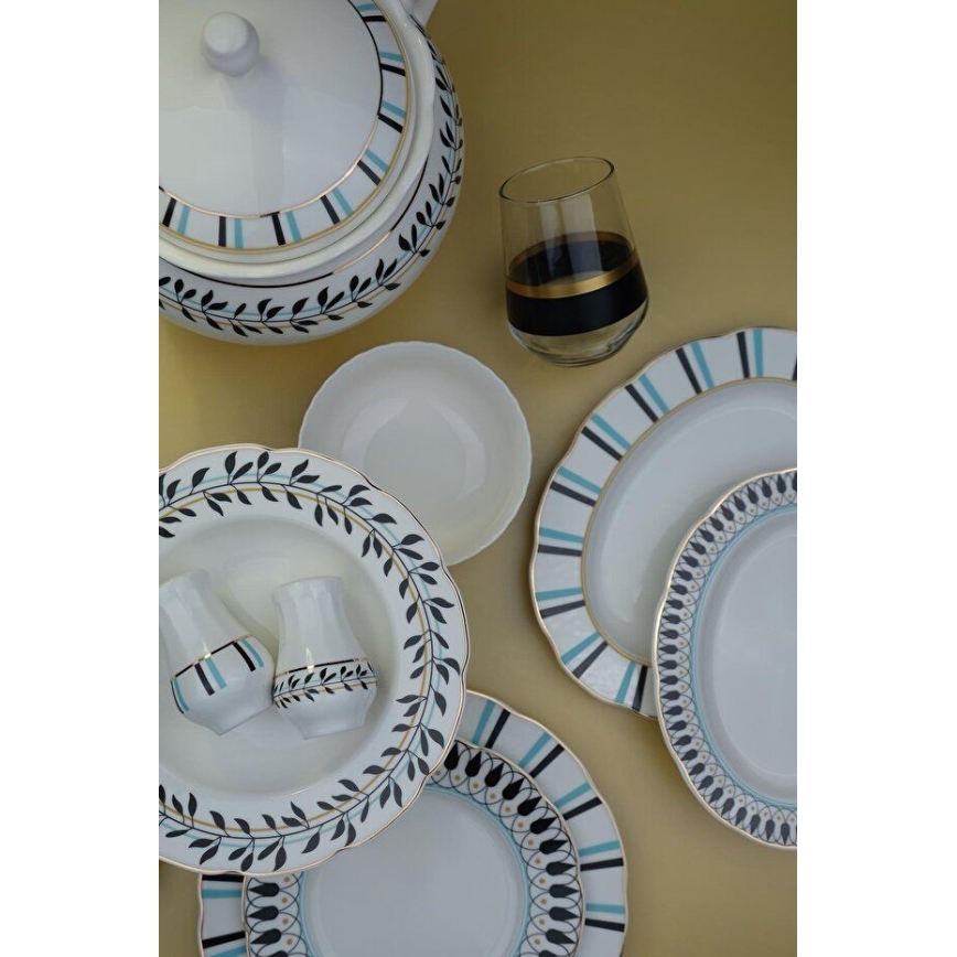 Jedilni set 62 kosov bela/modra/črna/porcelan