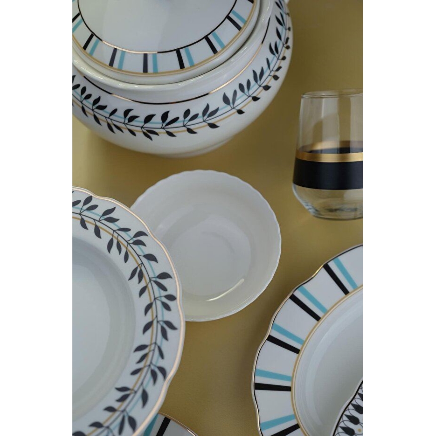Jedilni set 62 kosov bela/modra/črna/porcelan