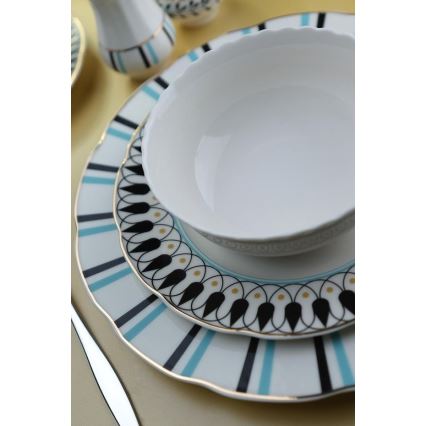 Jedilni set 62 kosov bela/modra/črna/porcelan