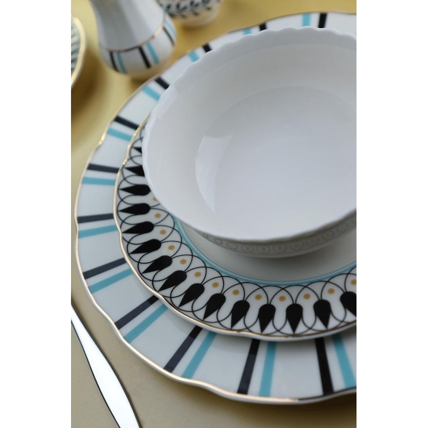 Jedilni set 62 kosov bela/modra/črna/porcelan