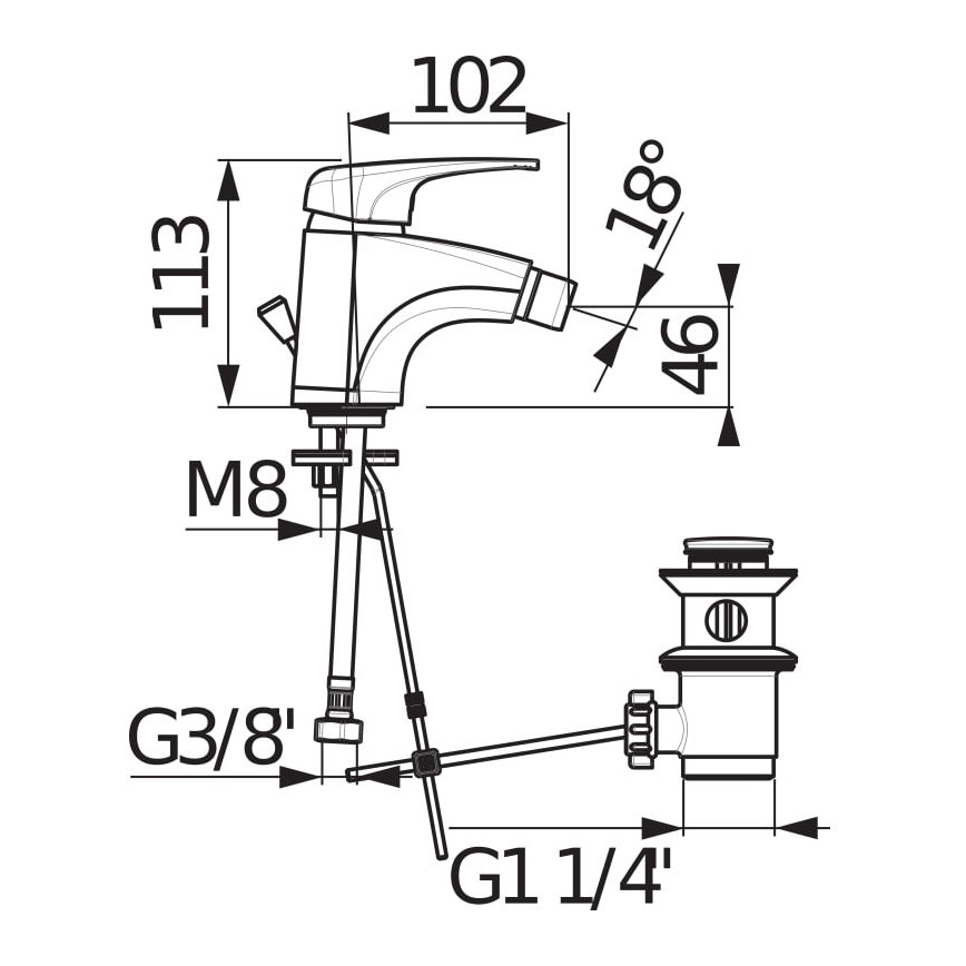 JIKA H3411U10041111 - Pipa za bide + odtok brez prelivanja DEEP 11,3 cm sijajni krom