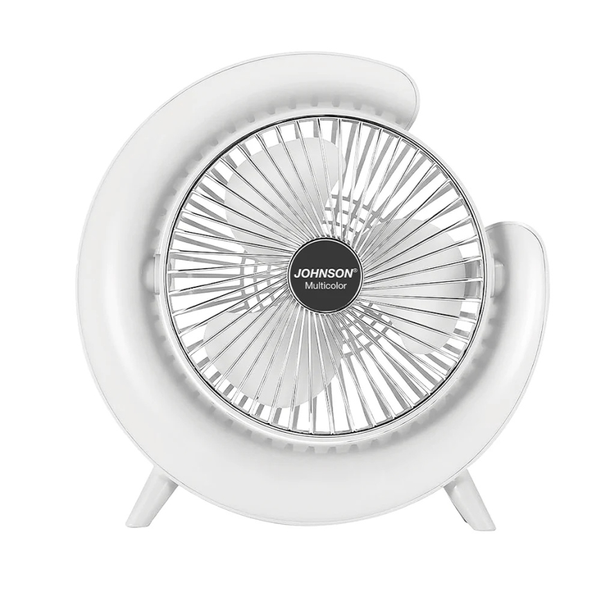JOHNSON - LED RGB polnljiv namizni ventilator večbarven LED/5W/3,7V 1200 mAh premer 14 cm bel