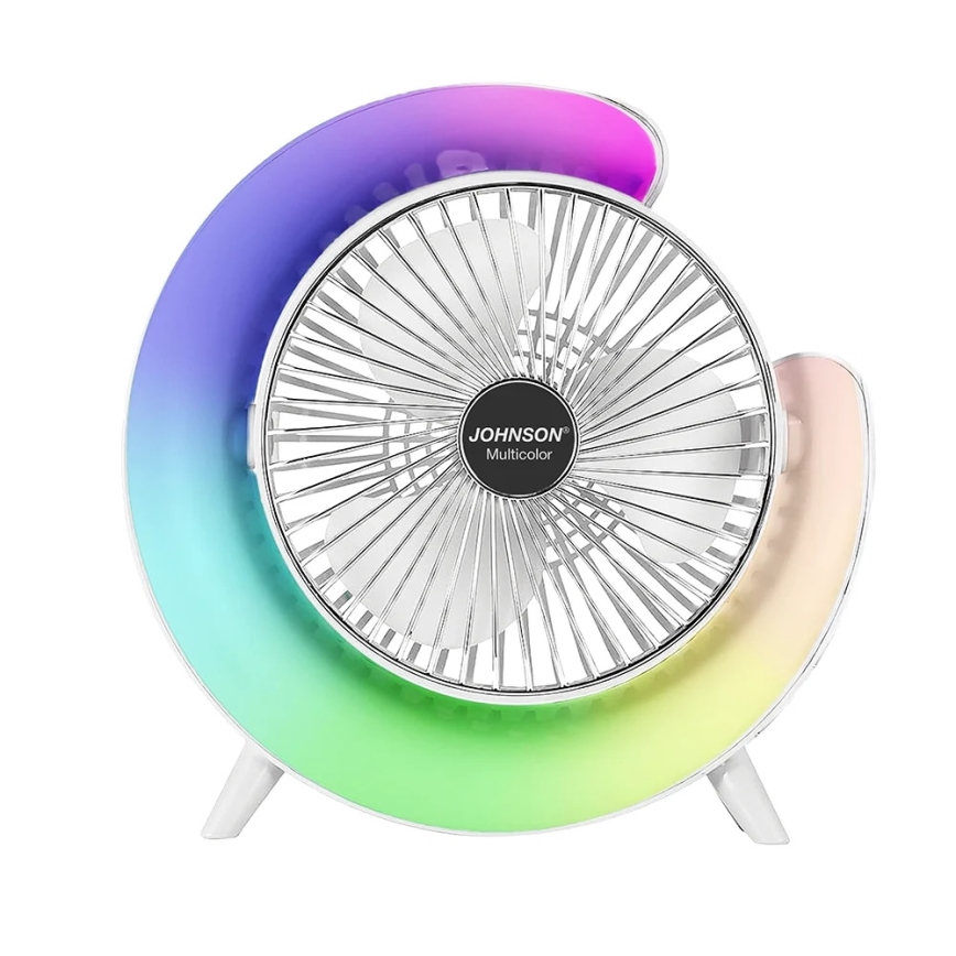JOHNSON - LED RGB polnljiv namizni ventilator večbarven LED/5W/3,7V 1200 mAh premer 14 cm bel