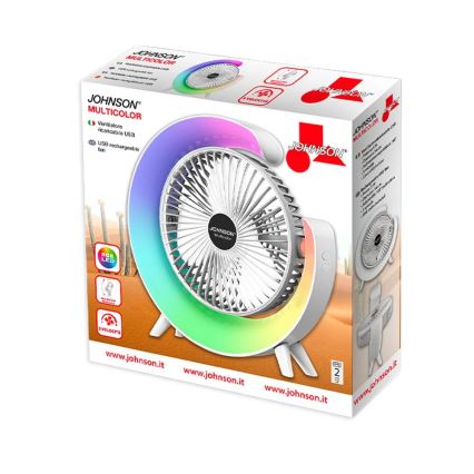 JOHNSON - LED RGB polnljiv namizni ventilator večbarven LED/5W/3,7V 1200 mAh premer 14 cm bel