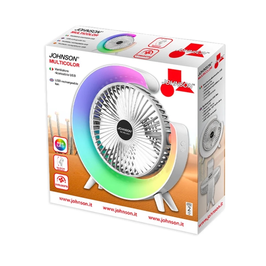JOHNSON - LED RGB polnljiv namizni ventilator večbarven LED/5W/3,7V 1200 mAh premer 14 cm bel