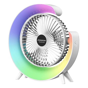 JOHNSON - LED RGB polnljiv namizni ventilator večbarven LED/5W/3,7V 1200 mAh premer 14 cm bel