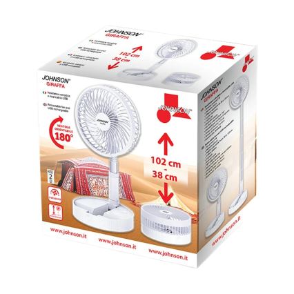 JOHNSON - Polnilni namizni ventilator GIRAFFA 5W/3,7V 1200 mAh premer 20 cm bela