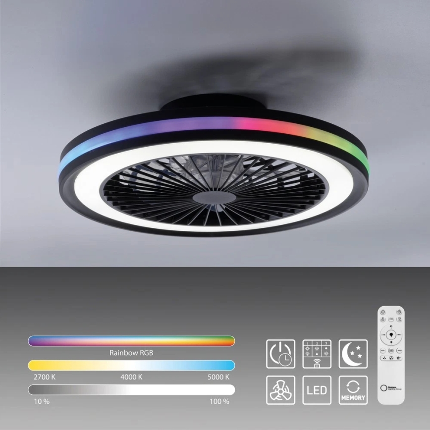 JUST LIGHT. 14649-18 - LED RGBW zatemnitveni stropni ventilator z lučjo BRANDON LED/36W/230V 2700-5000K premera 46,5 cm črna + daljinski upravljalnik