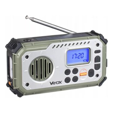 Kampirski radio z ročico, sončnim panelom in LED svetilko s funkcijo powerbanke 5V/3xAAA/2000 mAh IPX4 zelena