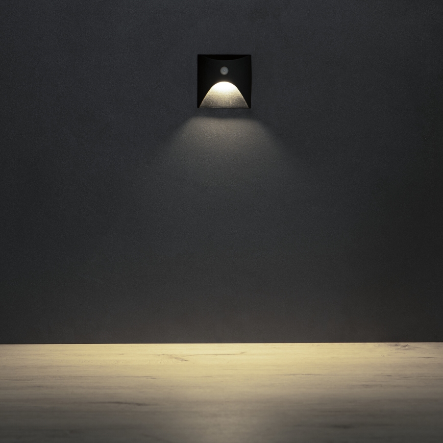 LED stopniščno svetilo z detektorjem gibanja in senzorjem mraka EXIN LED/2,5W/230V 4000K IP65 črno kvadratno
