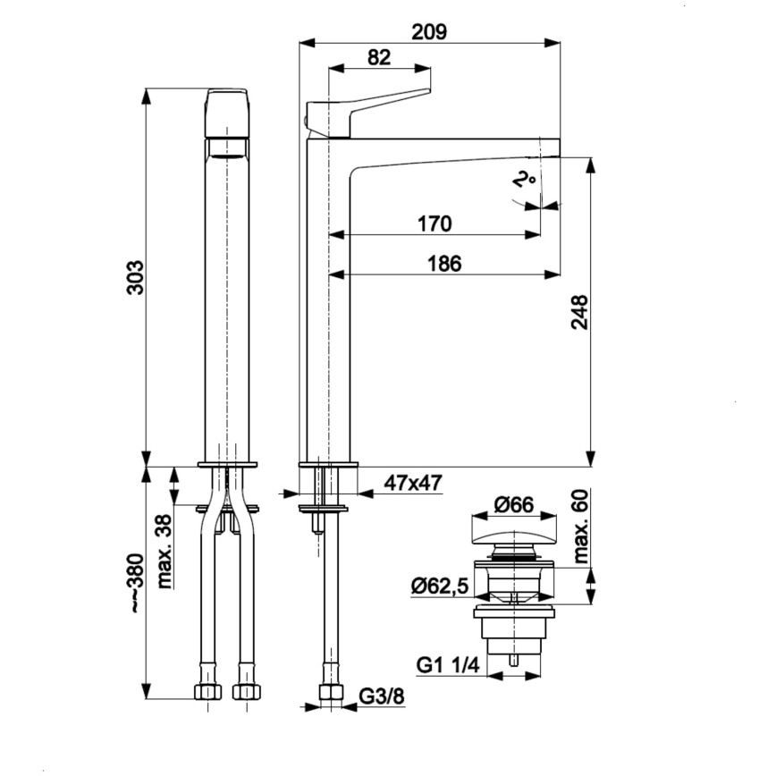 KFA Armatura 4522-712-61 - Mešalna armatura za umivalnik + odtok MALAGA 30,3 cm siv metalik